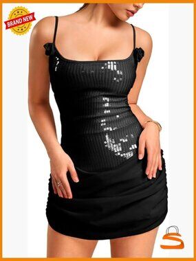 Sequin Mini Dress with 3D Floral, Spaghetti Strap Sparkly Party Dress
